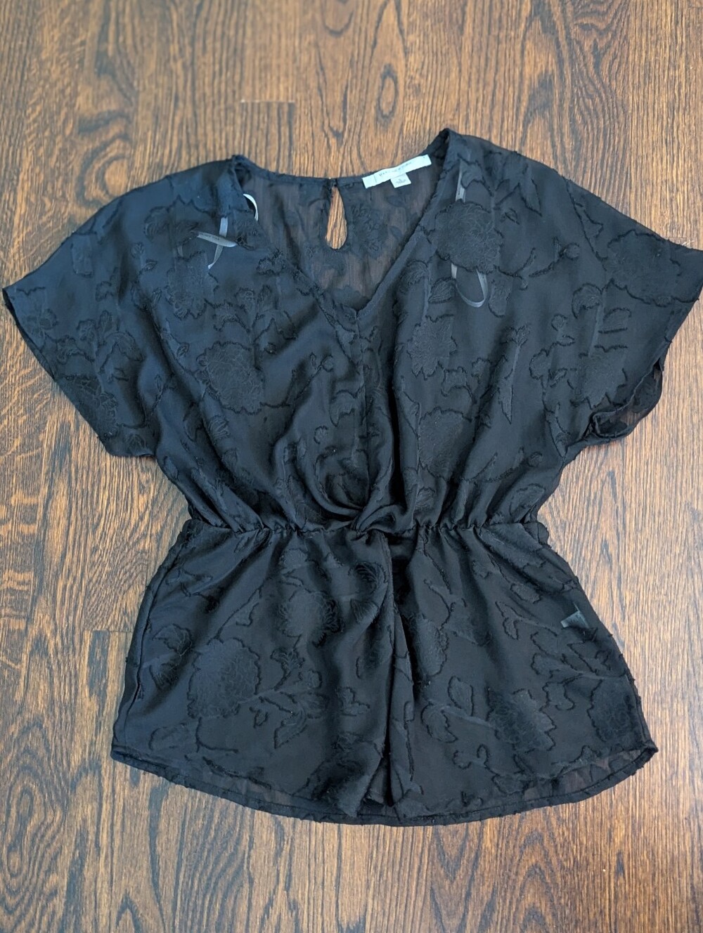 Marc New York Andrew Marc Black Burnout Floral Blouse Top Small Elastic Waist